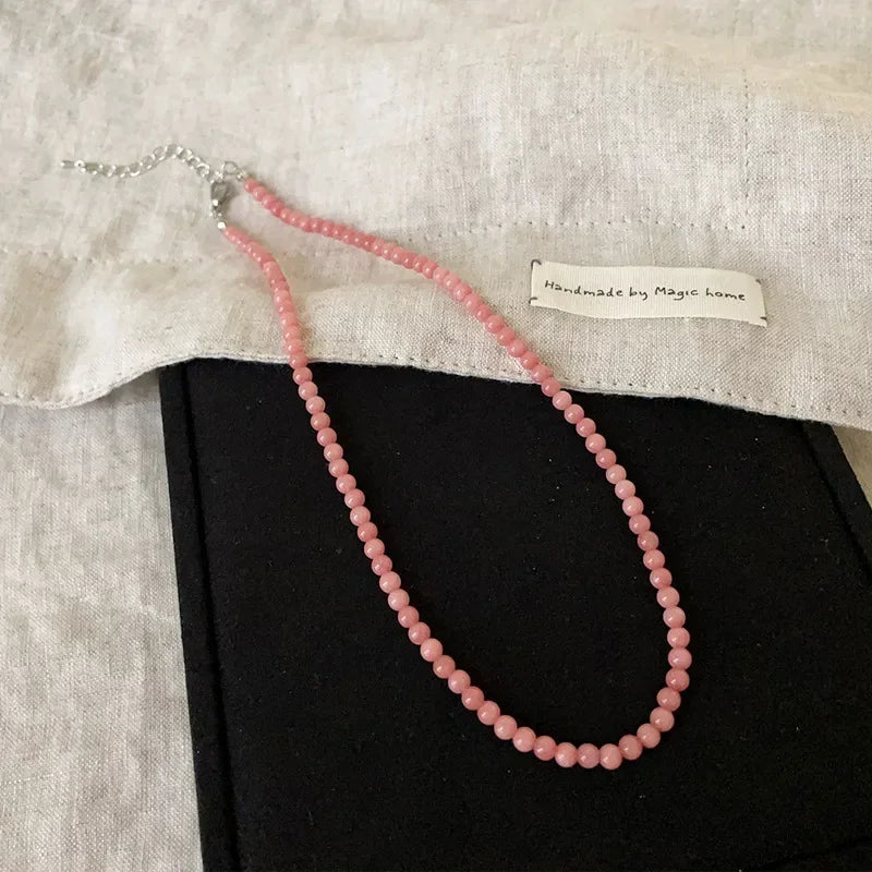 Minar Exquisite 4 6 8mm Pink Color Round Natural Stone Beaded Necklace for Women Handmade Silver Plated Chain Strand Chokers
