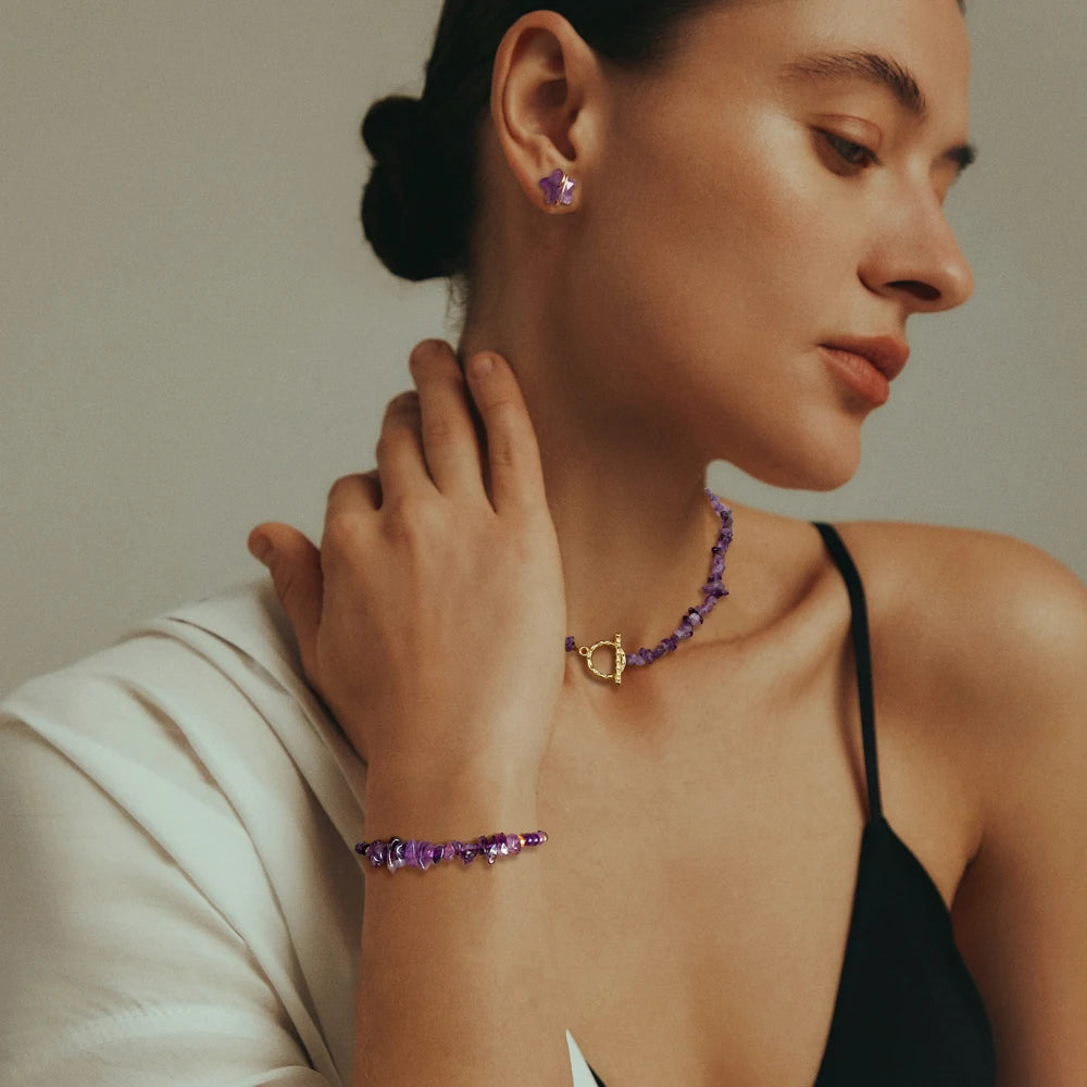 Gravel Natural Stone Chip Beads Jewelry Set For Women Amethysts Green Aventurine Necklace Bracelet Star Shape Stud Earrings