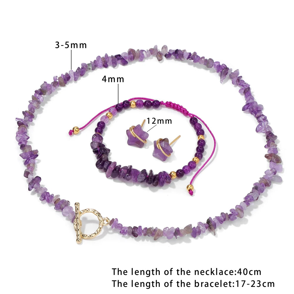 Gravel Natural Stone Chip Beads Jewelry Set For Women Amethysts Green Aventurine Necklace Bracelet Star Shape Stud Earrings