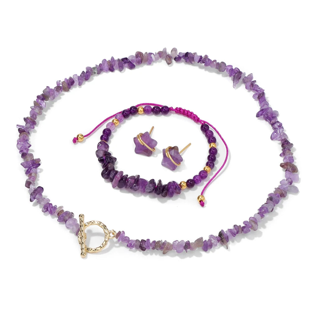 Gravel Natural Stone Chip Beads Jewelry Set For Women Amethysts Green Aventurine Necklace Bracelet Star Shape Stud Earrings