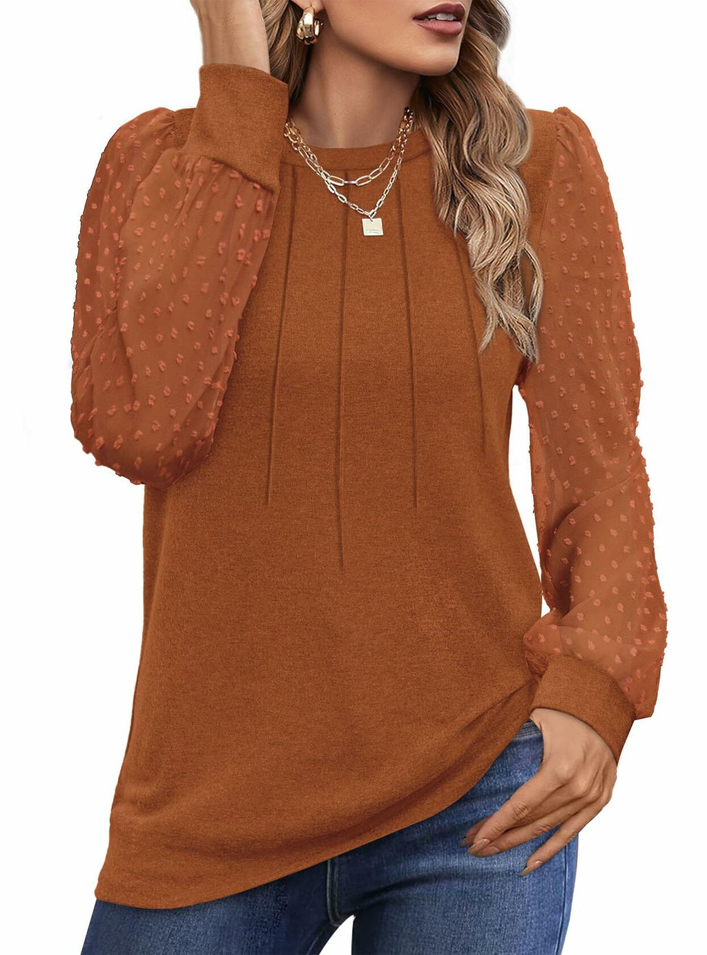 OFEEFAN Womens Puff Sleeve Top Caramel Long Sleeve Size S