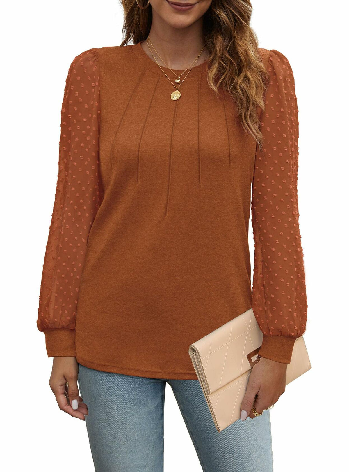 OFEEFAN Womens Puff Sleeve Top Caramel Long Sleeve Size S