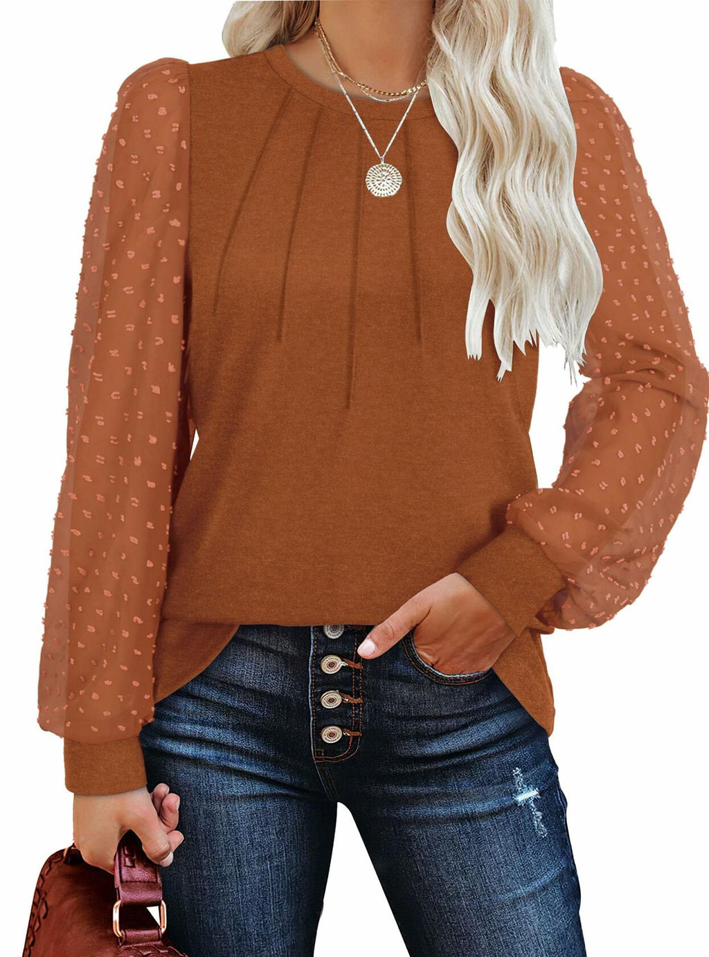 OFEEFAN Womens Puff Sleeve Top Caramel Long Sleeve Size S