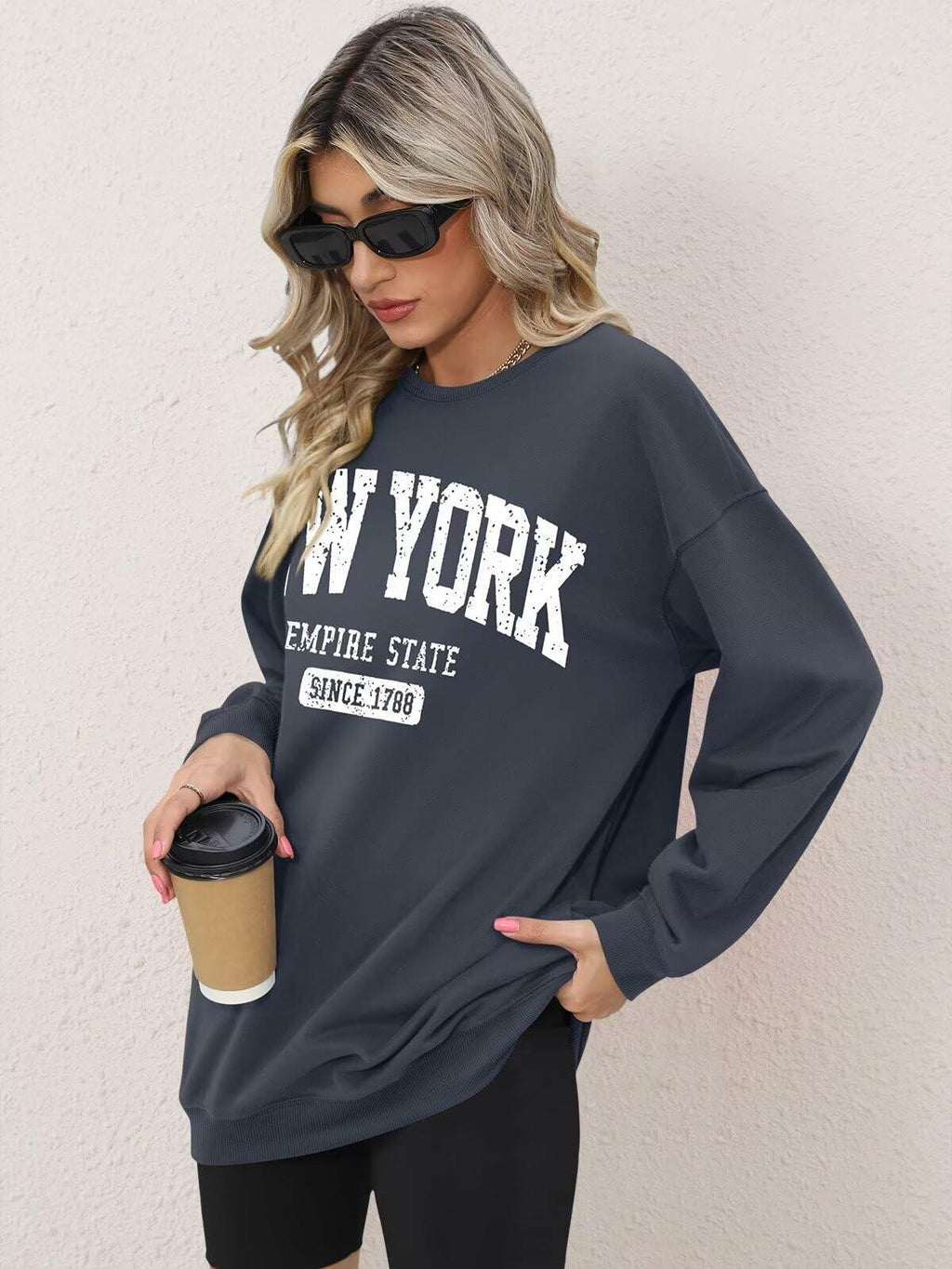 ORANDESIGNE Oversized Graphic Sweatshirt Women Long Sleeve New York Blue Size XS