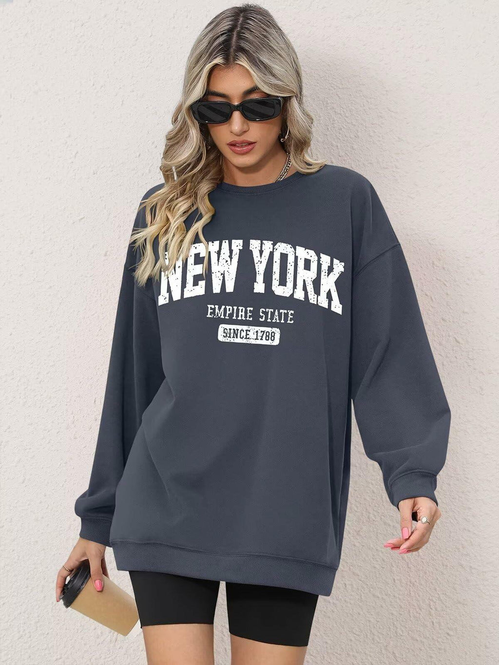 ORANDESIGNE Oversized Graphic Sweatshirt Women Long Sleeve New York Blue Size XS